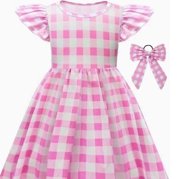 Barbie The Movie Pink Plaid Dress with Hair Bow Halloween Cosplay Princess New - Picture 1 of 8